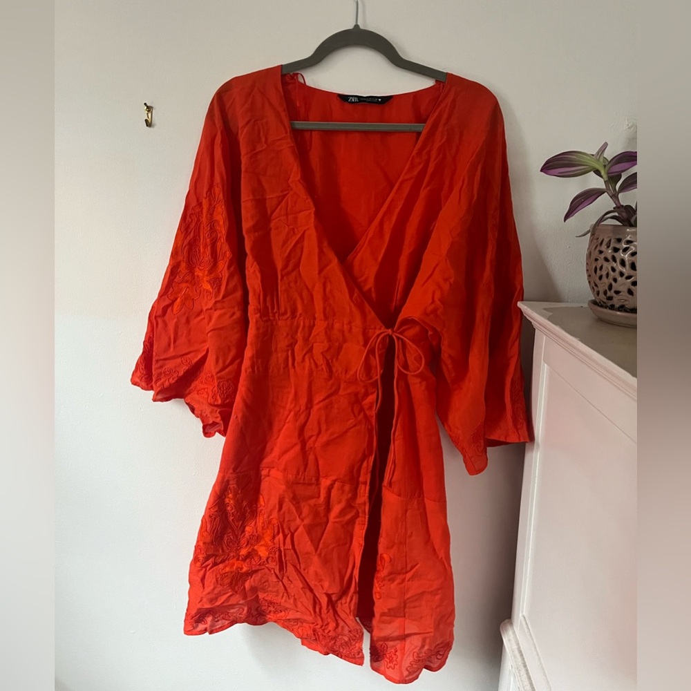 Zara Boho Vibrant Orange / Red Embroidered Wrap Dress